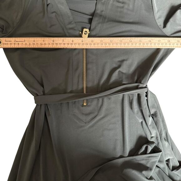 Michael Kors NWT Olive Green Belted Logo Zip Dress Jersey Knit Gold Zip Size M - Picture 8 of 11